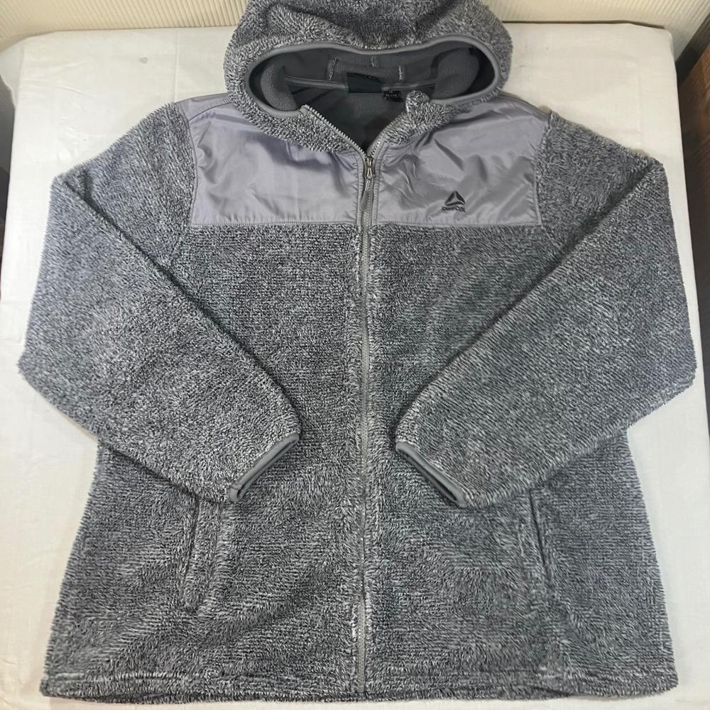 Reebok Womens Gray High Pile Sherpa Fleece Full Zip Hooded Jacket Size 1X
